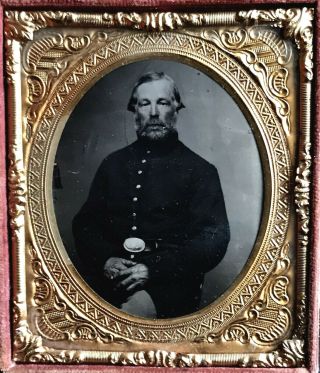 1/6 Plate Tintype - Civil War Union Soldier - U.  S.  Belt Buckle & Patriotic Case