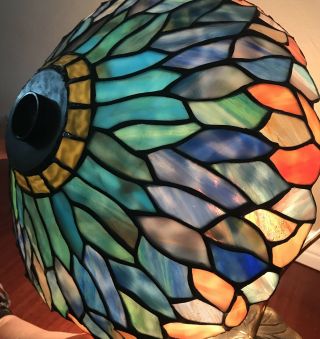 Dale Tiffany Signed Stained Glass Lamp Shade 14” Blue Purple Iridescent Peacock