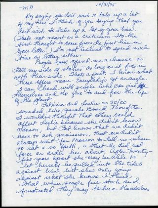 1995 Lynette Fromme Hand Written Letter Mentions Manson Van Houten Krenwinkle