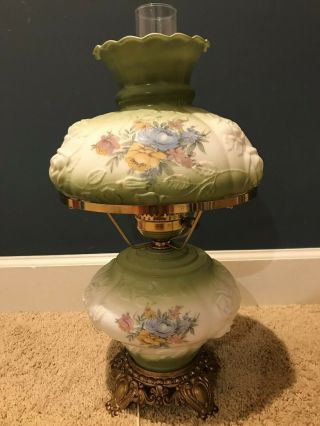 Vintage Hand Painted Gone With The Wind Puffy Floral Milk Glass Hurricane Lamp