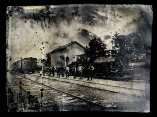 Very Rare Full Plate Tintype Of Railroad Locomotive Box Cars Station & Workers