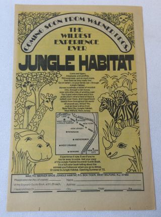 1972 Warner Bros.  Jungle Habitat Theme Park Yellow And White Ad Page
