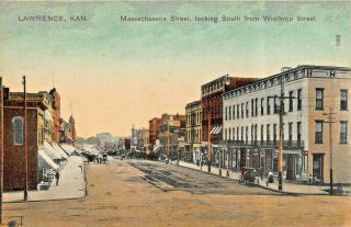 Lawrence Ks Massachusetts St Looking South From Winthrop St Mettner Postcard