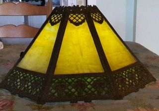 Antique 1890 - 1920 Slag Glass Art Nouveau Lamp Shade Octagonal Tan Green 2