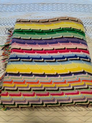 Huge Vintage Multi Color Apache Tears Afghan Blanket Crocheted 84x72 Southwest