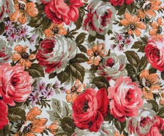 Vtg.  Barkcloth Fabric 6 Yards X 35 ",  1 Piece Olive Green Pink Red Floral