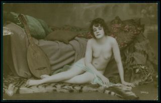 French German Nude Woman On Tiger Skin 1910 Tinted Color Photo Postcard