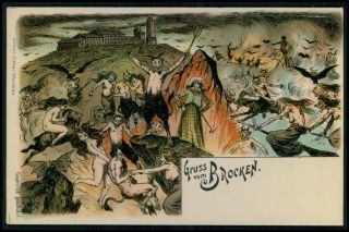 Gruss Brocken Devil Hell Witch Dance Devil Old 1900s Litho Postcard