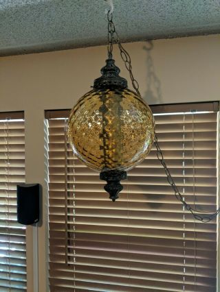 Vintage Mid Century Amber Glass Swag Hanging Lamp With Cornell Metal Co.