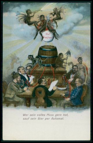 Devil Beer Barrel Mug Alcohol Addiction Old 1910s Postcard
