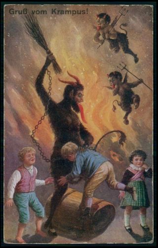 Devil Krampus Spanking Children In Hell Old 1910s Postcard