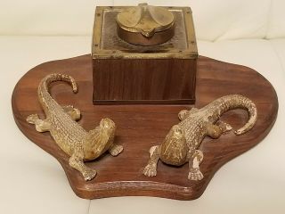Vintage Alligator Crocodile Inkwell Set Wood Brass Unique