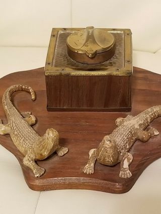 Vintage Alligator Crocodile Inkwell Set Wood Brass Unique 2