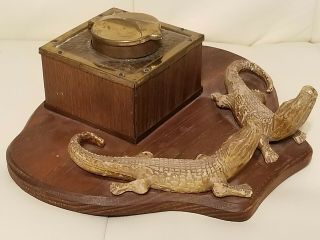 Vintage Alligator Crocodile Inkwell Set Wood Brass Unique 3
