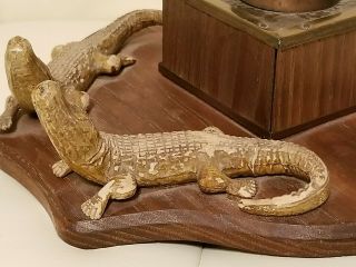 Vintage Alligator Crocodile Inkwell Set Wood Brass Unique 5