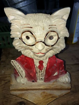 Vintage Cast Iron Cat In Suit And Glasses Door Stop