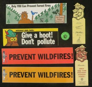Set Smokey Bear And Woodsy Owl 4 Diff Vintage Bumper Stickers 2 Book Marks 1 Pin