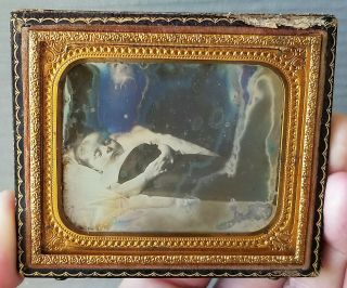 Post Mortem Child In Bed Sixth 1/6 Plate Daguerreotype Photo Infant Baby 3