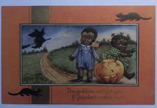 Whitney Children And Witch Halloween Vintage Postcard Gold Gilded