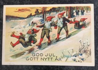 Vintage Mini Swedish Postcard Gnomes Elf Falling Down Snowy Hill Christmas