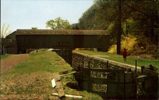 Canal Lock & Covered Bridge Uhlerstown Bucks County Pennsylvania Pa 1962