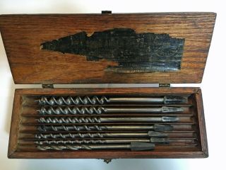 Vintage Russell Jennings Spur Auger Bit Set For Hand Drill In Oak Box
