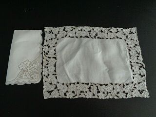 Vintage Set 8 Madeira Hand Embroidered Cut Out Ivory Placemats W/ Napkins