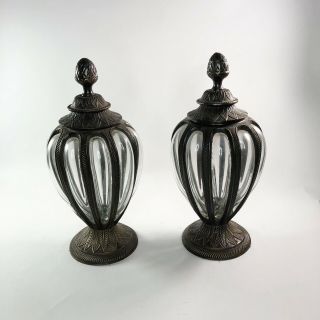 Antique Gothic Indian Brass And Glass Lanterns 12.  5” X 6” Each