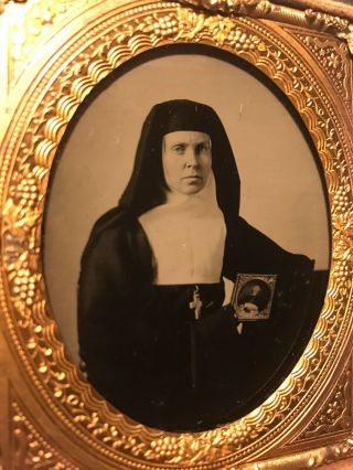 Rare Antique 1/6th Plate Tintype Nun Holding 1/2 Plate? Image Of Priest Pip