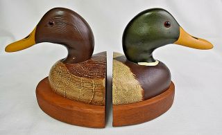 Vintage Duck Decoys Handmade Painted Wooden Duck Bookends Book Ends