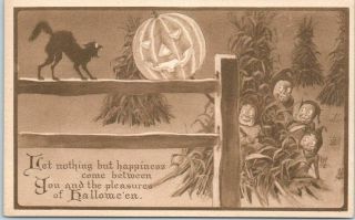 Vintage 1910s Gibson Halloween Postcard Black Cat On Fence / Angry Jol