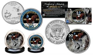 Apollo 11 Space 50th Anniv.  Man On Moon 2 - Coin Set Florida Qtr & Jfk Half Dollar