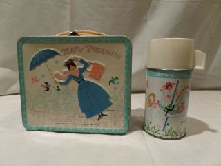 " Rare " Vintage " Mary Poppins " Metal Lunch Box With Matching Thermos By Aladdin 1