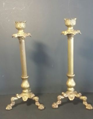 Vintage Brass Candelabras Candlesticks Lion Clawfoot 10.  5 "