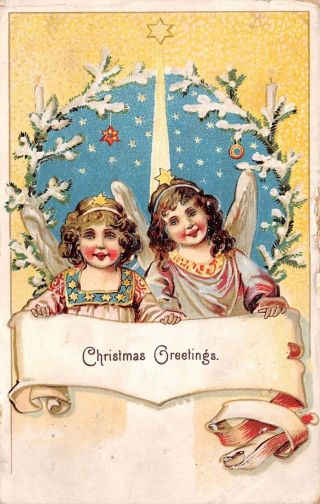 Antique 1910 Christmas Postcard Embossed Angels Printed In Germany Posted