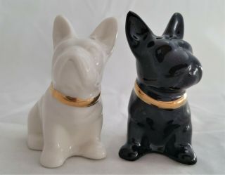 Ceramic French Bulldog Salt & Pepper Shakers Black And White With Gold Accent