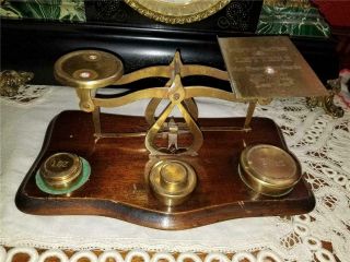 Vintage Postal Letter Rates Scale Desk Table Wooden Base,  5 Brass Weights