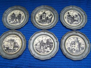6 Antique Pewter Plates With Porcelain Tiles From Germany 4 " Round W/hangers