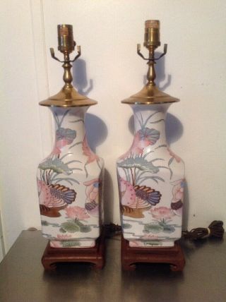 (2) Heyward House Porcelain Table Lamps Oriental Duck & Lotus Flower