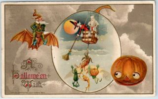 Winsch Schmucker Postcard " A Halloween Wish " Flying Bat / Witch Hot Air Balloon
