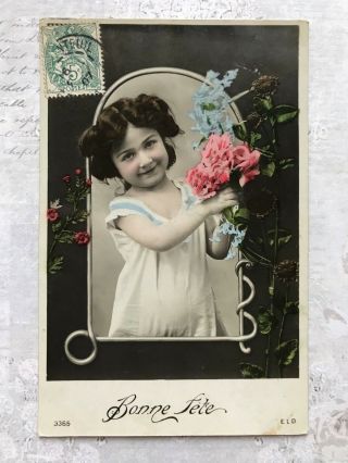 Child French Fashion Flowers Vintage Postcard