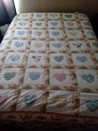 Vintage Homemade Quilt Multicolor Hearts 88 " ×100 " King/queen Matching Shams