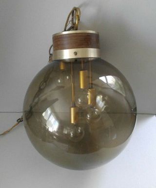 1970s 60s Mcm Spherical Smoked Glass Globe Pendant Ceiling Light