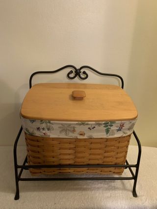 Longaberger Newspaper Basket With Wrought Iron Stand Liner Protector And Divider