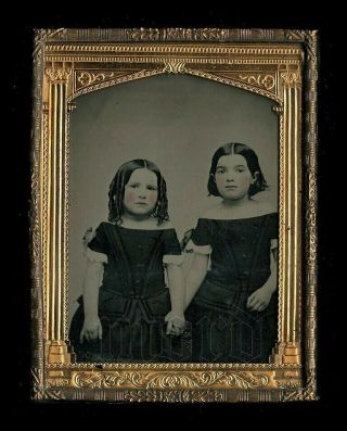 1/4 Antique 1800s Ambrotype Photo Cute Little Girls Holding Hands - Heavy Mat