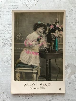 Cute Child Girl Telephone Flowers French Fashion Vintage Postcard