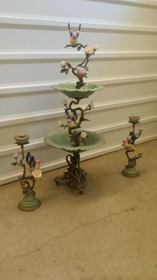 Vintage Mark Roberts Songbird Porcelain/ Bronz Candlesticks / Fountain.  China.