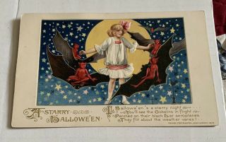 1913 Vintage John Winsch Halloween Postcard - Young Girl - Moon - Devils - Bats