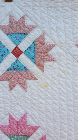 Vtg Hand Pieced/Quilted Twin 1930s Quilt - Lily Corners Duck or Paddle Blocks 3