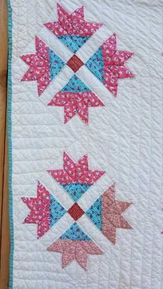 Vtg Hand Pieced/Quilted Twin 1930s Quilt - Lily Corners Duck or Paddle Blocks 4
